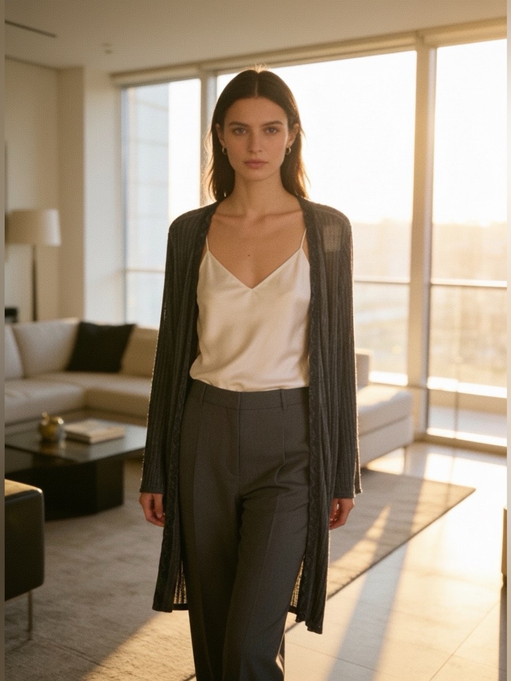 Soft Surroundings charcoal
grey,maxi length,flowy
Open front Cardigan,lace trim - Picture 3 of 8